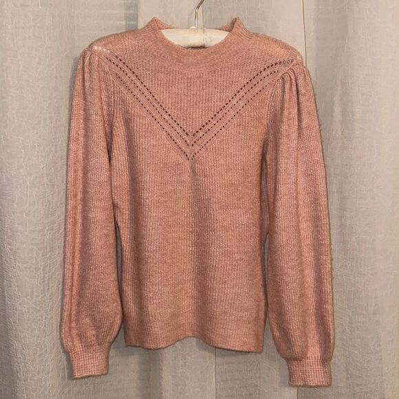 Nanette Lepore XS Blush Pink Puff Sleeve Fine Knit Mock Neck Pullover Sweater - Picture 1 of 12